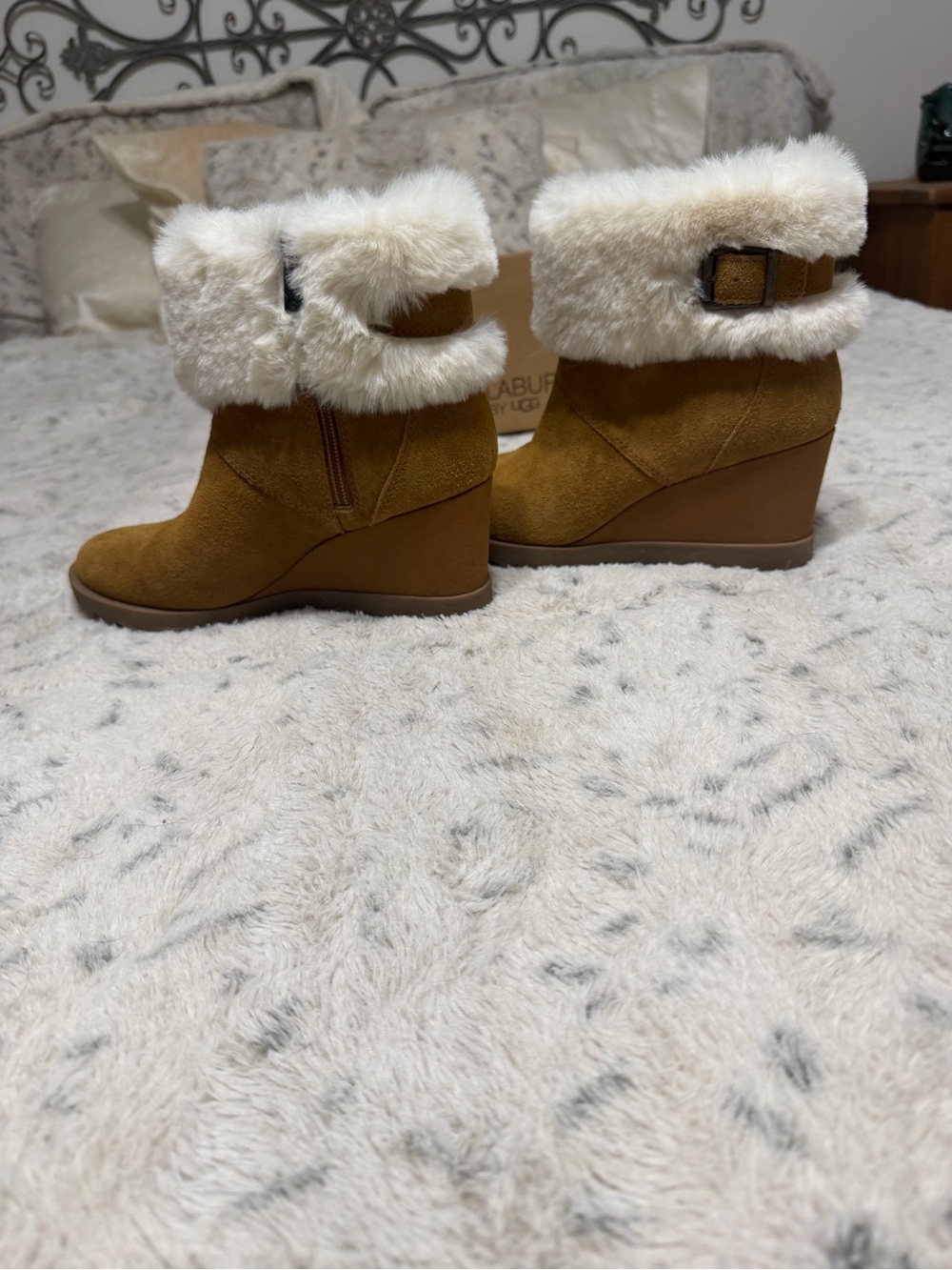 UGG Koolaburra Wedge Leather Suede Ankle Boots with Cream Faux-Fur Cuff